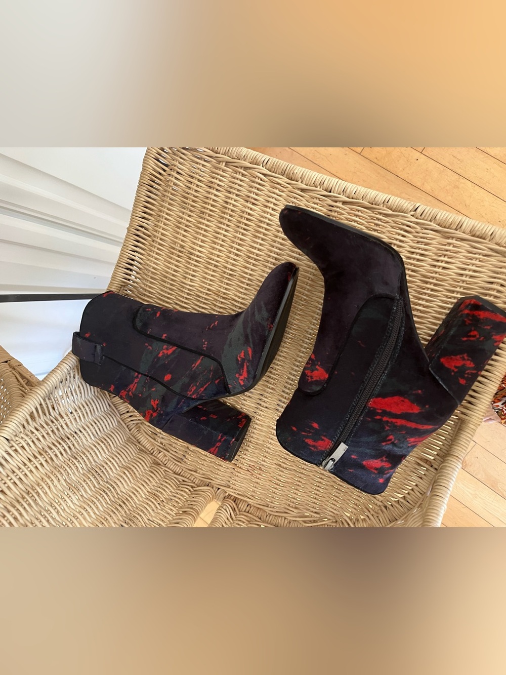 Bruno Premi for Anthropologie; printed velvet ankle booties.